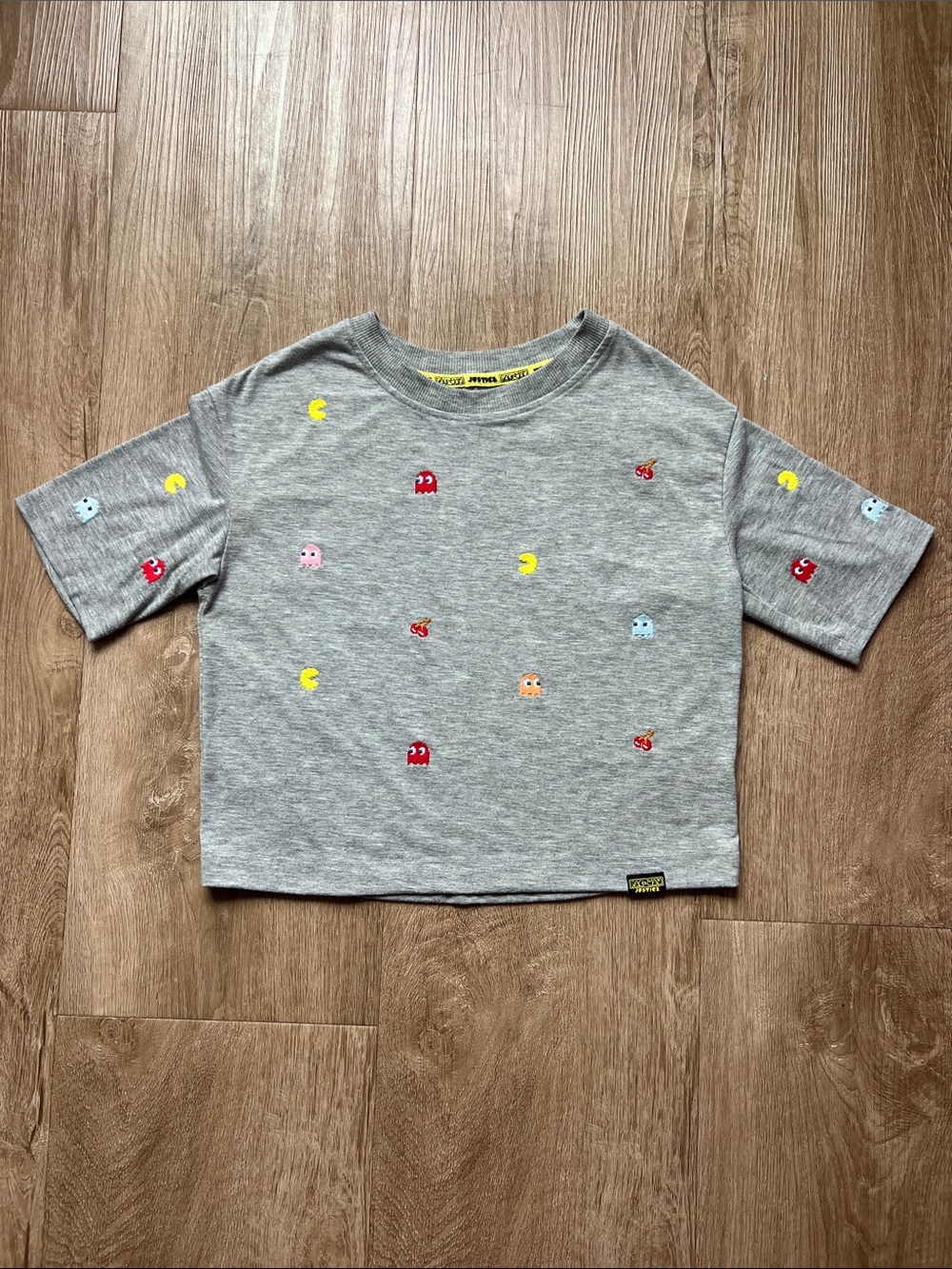 Justice Kids' Grey Pac-Man Embroidery Short Sleeve T-shirt Size Small (7/8)